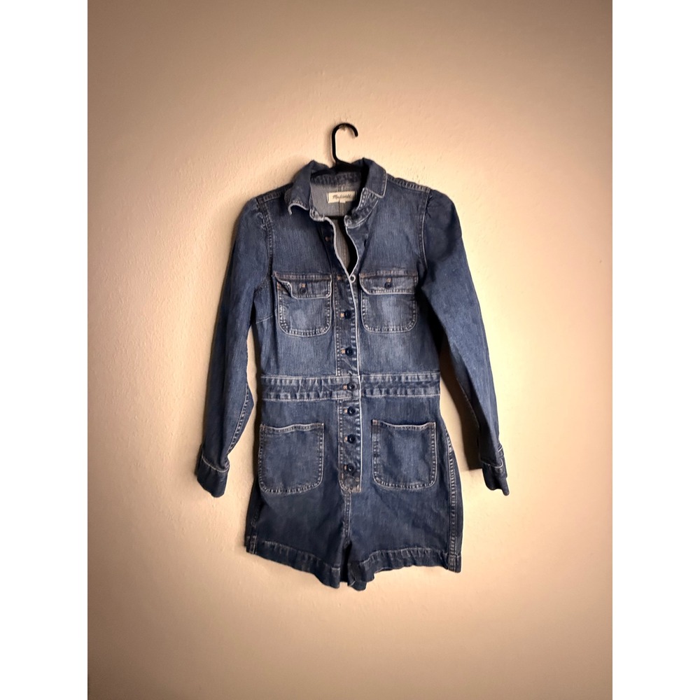 Madewell Denim Romper Womens Size 0 Blue Puff Long Sleeve Button Front Jumpsuit